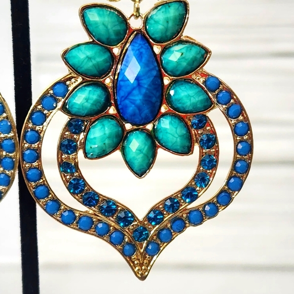 Large Glam Statement Blue Green Earrings - Picture 7 of 9